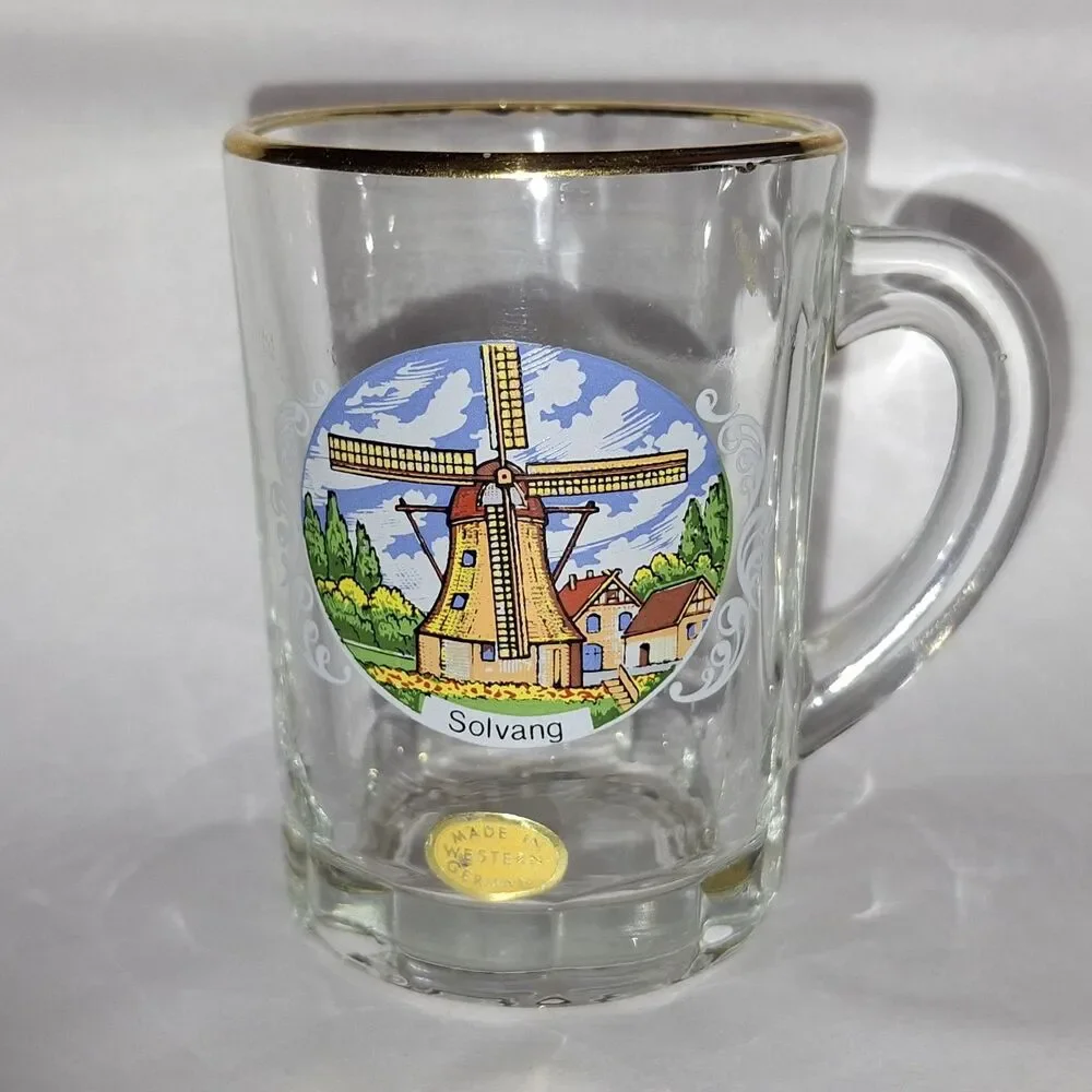 Rare Vtg Solvang California Windmill Souvenir Shot Glass Danish - Themed Gold